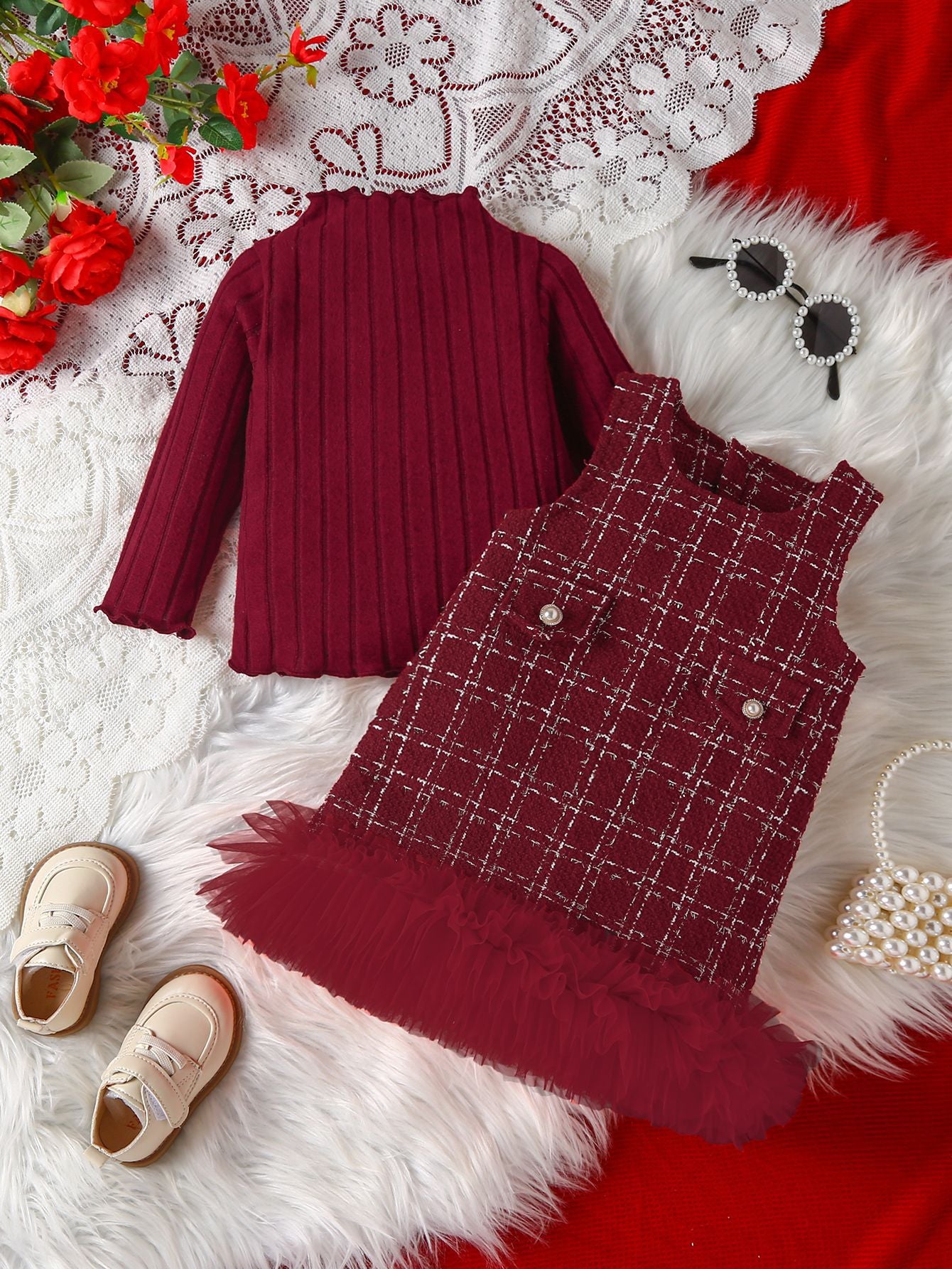 Girls’ Red Tweed Dress & Turtleneck Set