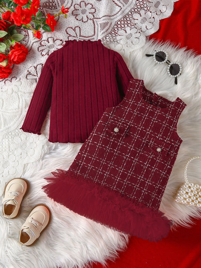 Girls’ Red Tweed Dress & Turtleneck Set