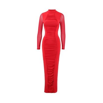 Women’s Elegant High-Neck Pleated Slim Midi Dress