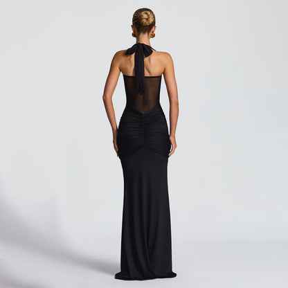 Women’s Halterneck Mesh Splice Maxi Dress