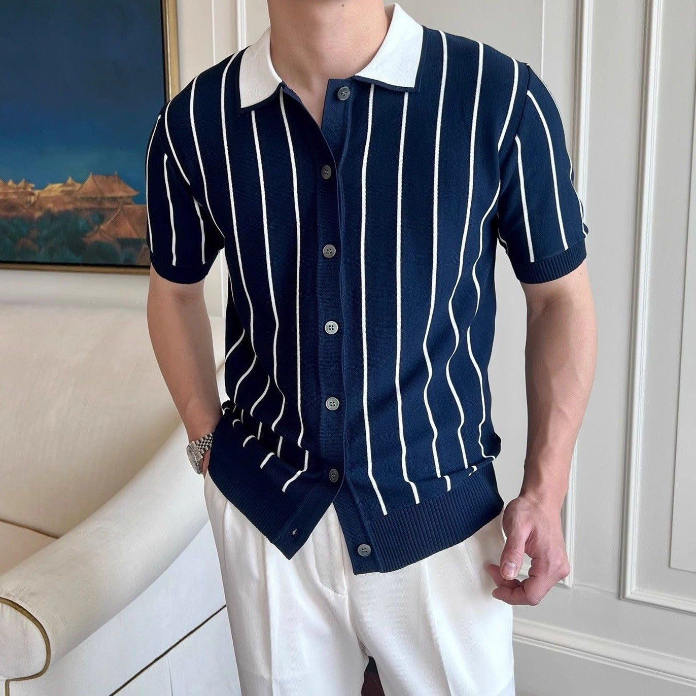 Men’s Striped Knit Short Sleeve Polo T-Shirt