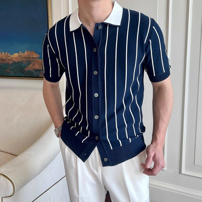 Men’s Striped Knit Short Sleeve Polo T-Shirt