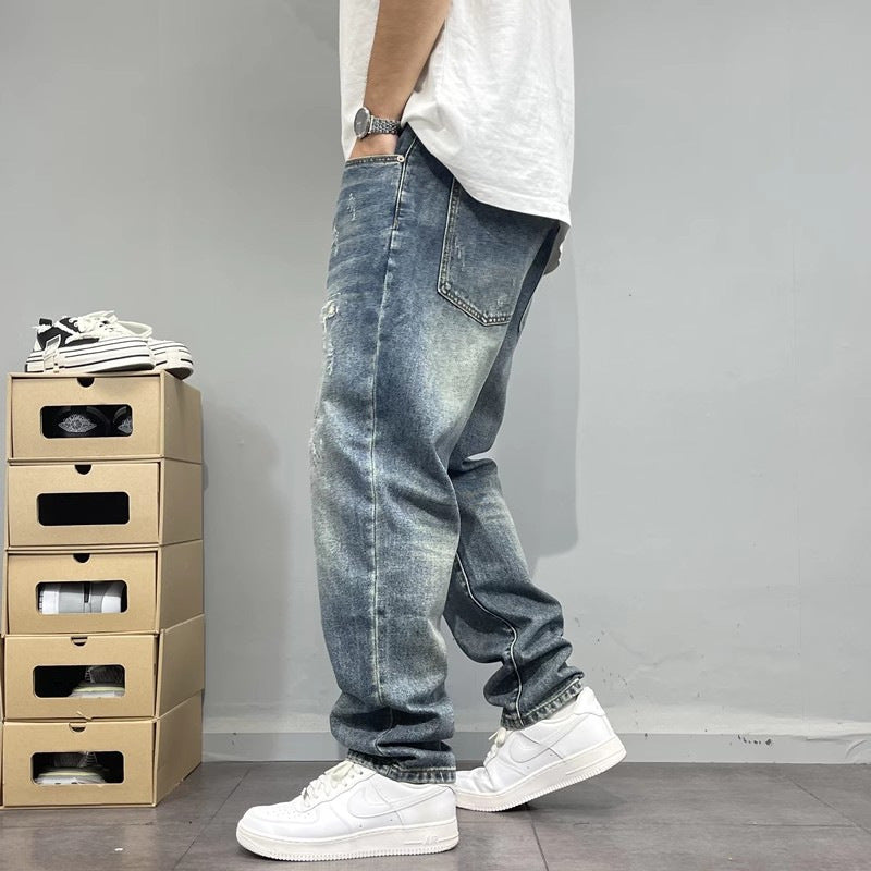 Men’s Ripped Patchwork Straight-Leg Denim Jeans