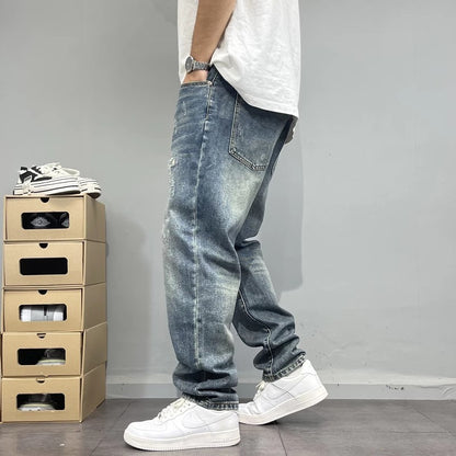 Men’s Ripped Patchwork Straight-Leg Denim Jeans