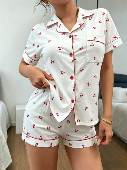 Women’s Cotton Heart Print Pajama Set with Cardigan