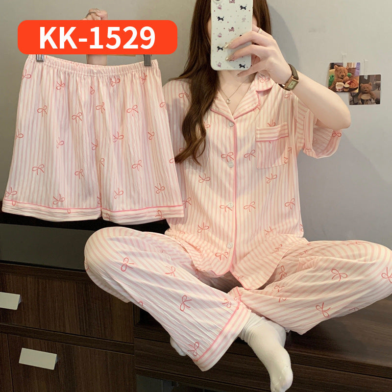Women’s Korean Style Striped Bow 3-Piece Pajama Set