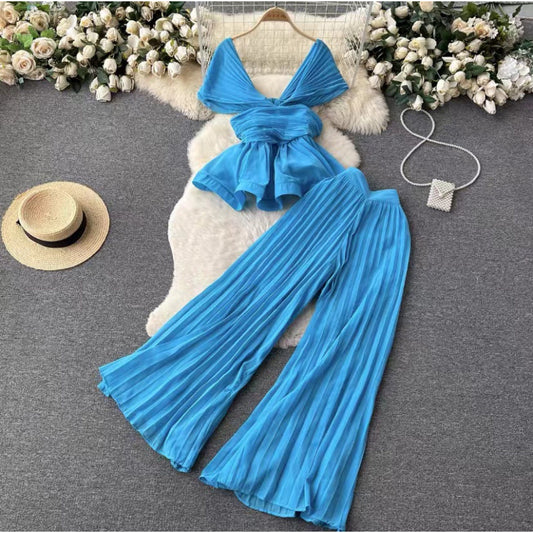 Women’s Pleated Chiffon Top & Wide-Leg Trousers Set