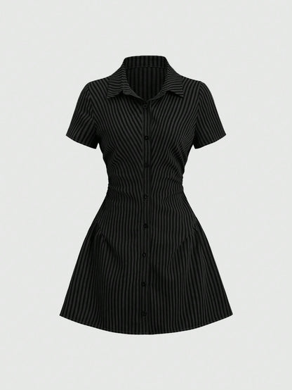 Women’s Puff Sleeve V-Neck Pleated Shirt Dress