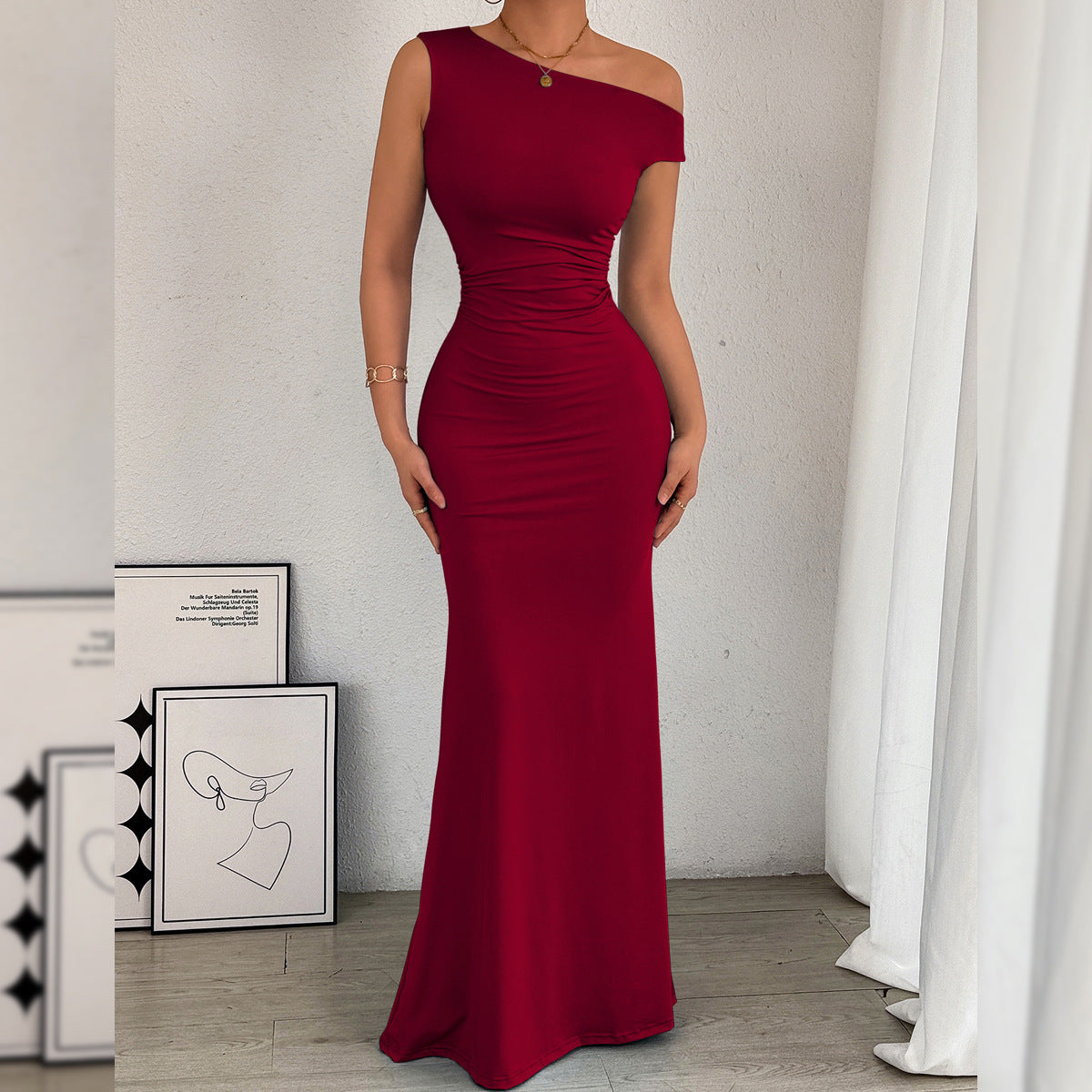 Women’s One-Shoulder Pleated Mermaid Dress