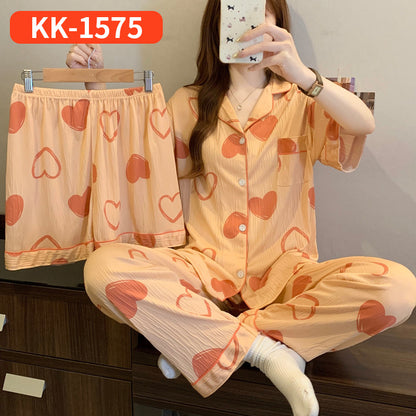 Women’s Korean Style Striped Bow 3-Piece Pajama Set