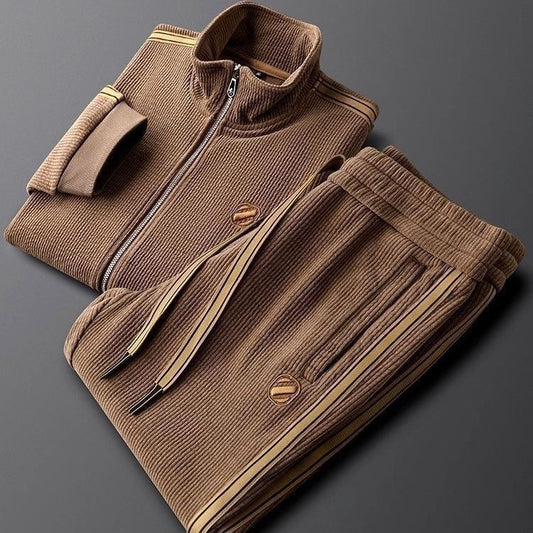 Men’s Solid Color Sport Jacket & Stripe Pants Set