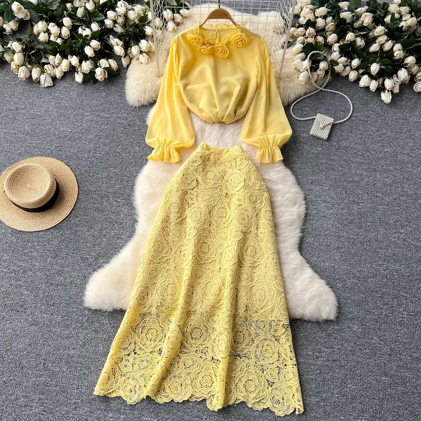 Women’s Floral Blouse & Lace Midi Skirt Set