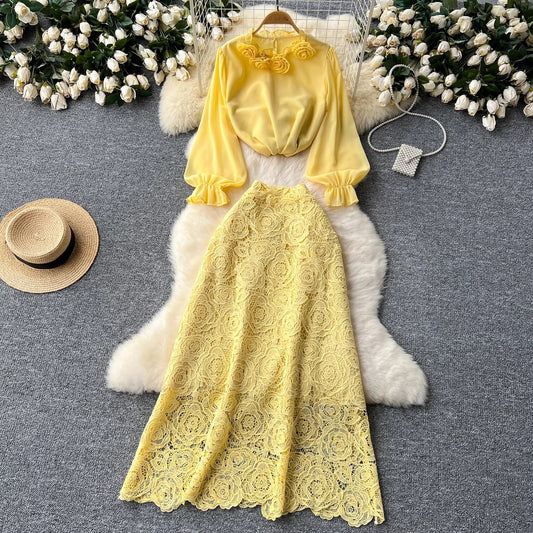 Women’s Floral Blouse & Lace Midi Skirt Set