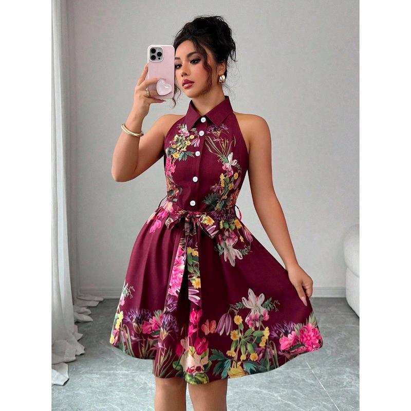 Women’s Elegant Printed Tie Dress
