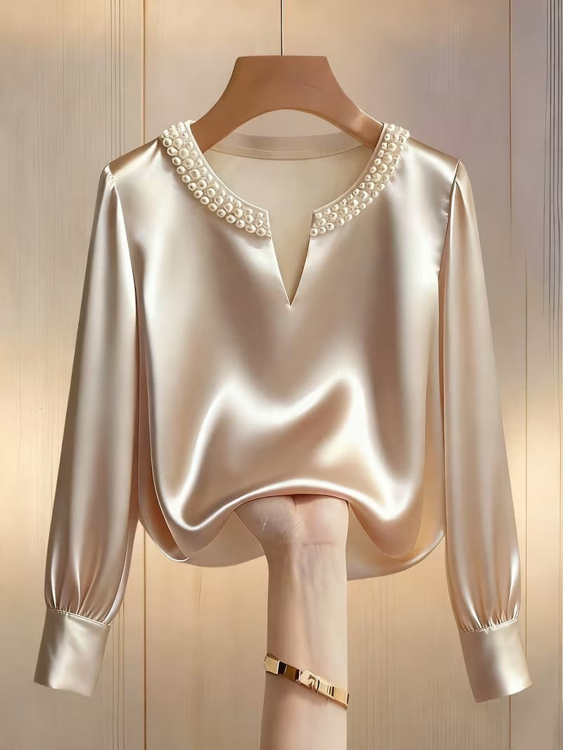 Women’s French Satin Pearl V-Neck Blouse