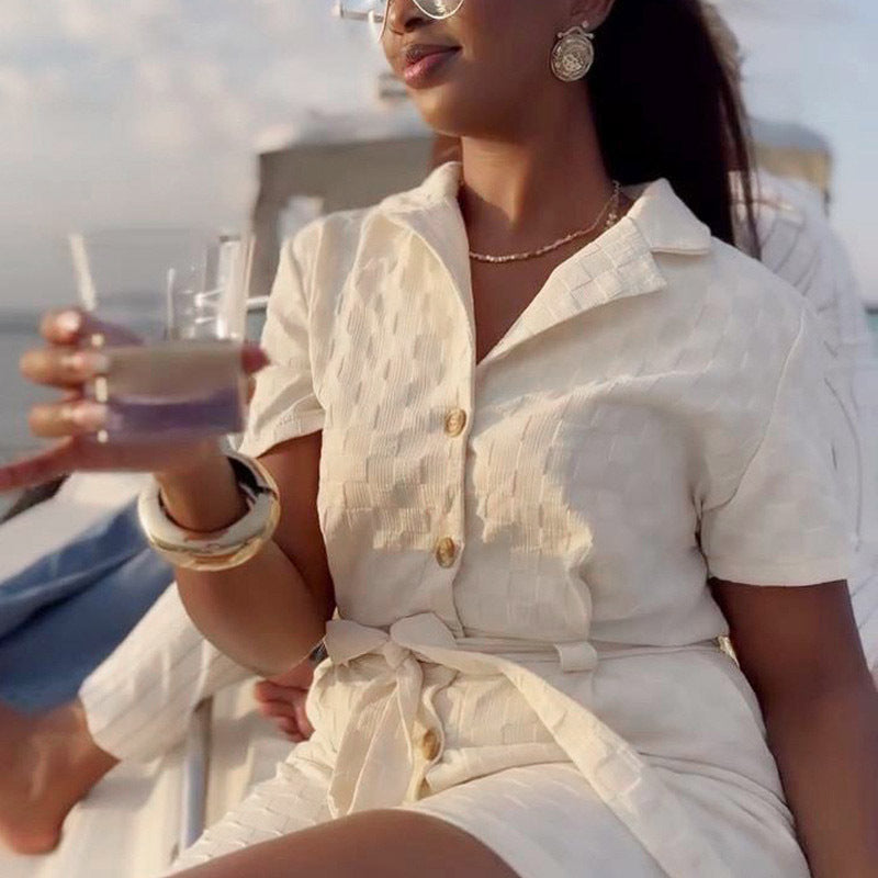 Women’s Lapel Belted Short Sleeve Jumpsuit