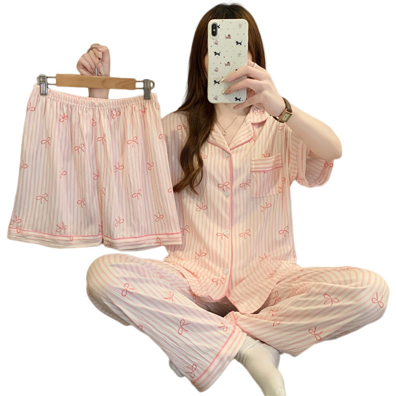 Women’s Korean Style Striped Bow 3-Piece Pajama Set