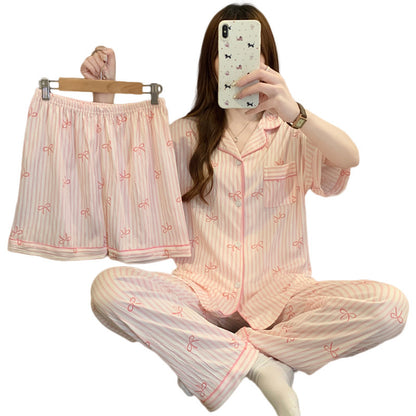 Women’s Korean Style Striped Bow 3-Piece Pajama Set