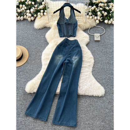 Women’s Vintage Denim Halter Top & Pants Set