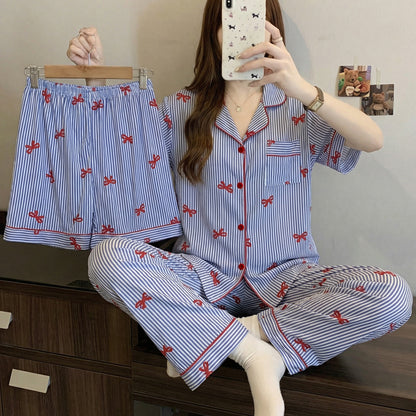 Women’s Korean Style Striped Bow 3-Piece Pajama Set