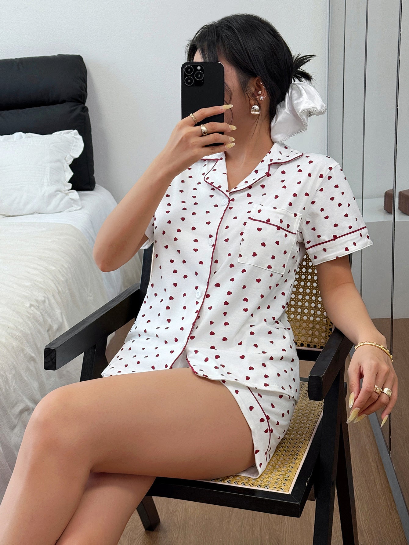 Women’s Cotton Heart Print Pajama Set with Cardigan
