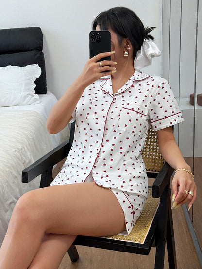 Women’s Cotton Heart Print Pajama Set with Cardigan