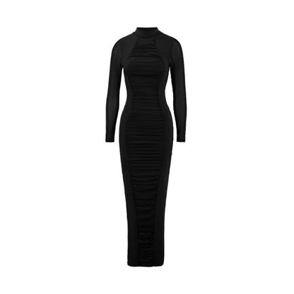 Women’s Elegant High-Neck Pleated Slim Midi Dress