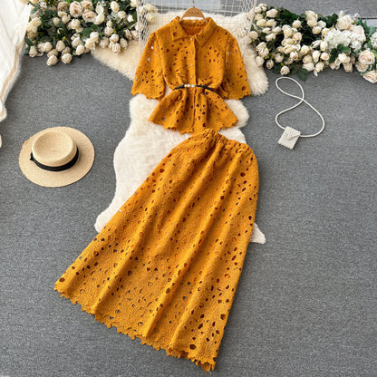 Women’s Ruffled Shirt & Pleated Midi Skirt Set