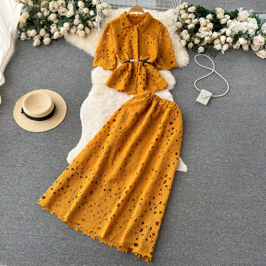 Women’s Ruffled Shirt & Pleated Midi Skirt Set