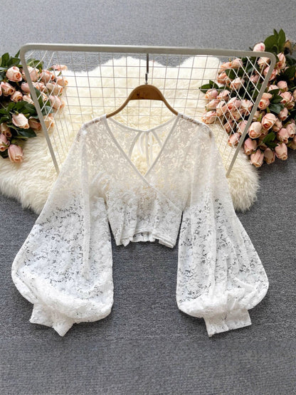 Women’s Lace-Up Open Back Lace Blouse
