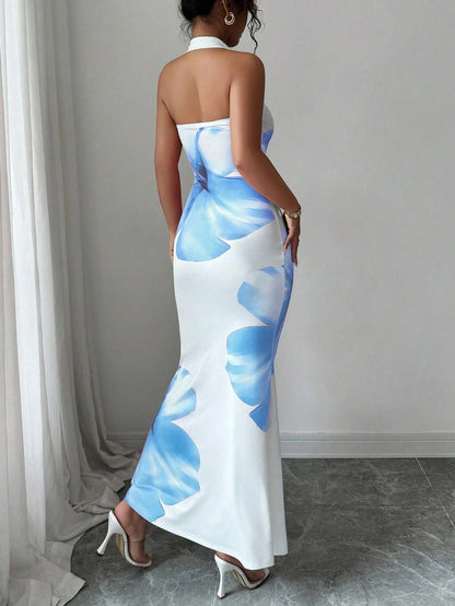 Women’s Halter Neck Backless Printed Maxi Dress
