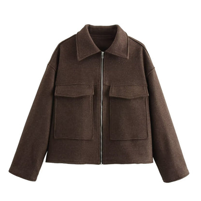 Women’s Woolen Lapel Pocket Jacket