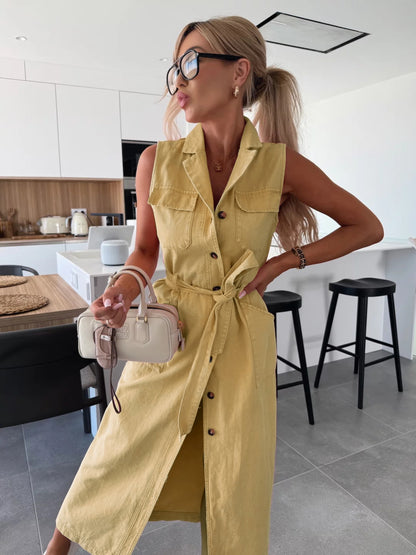 Women’s Sleeveless Lace-Up Waist Denim Dress