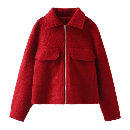 Women’s Woolen Lapel Pocket Jacket