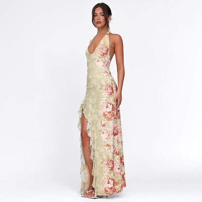Women’s Halter Neck Printed Backless High Slit Maxi Dress