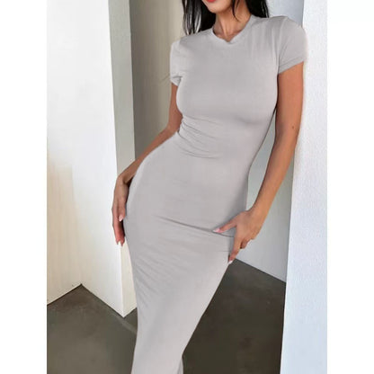 Women’s Solid Color Slim Fit Short Sleeve Midi Dress
