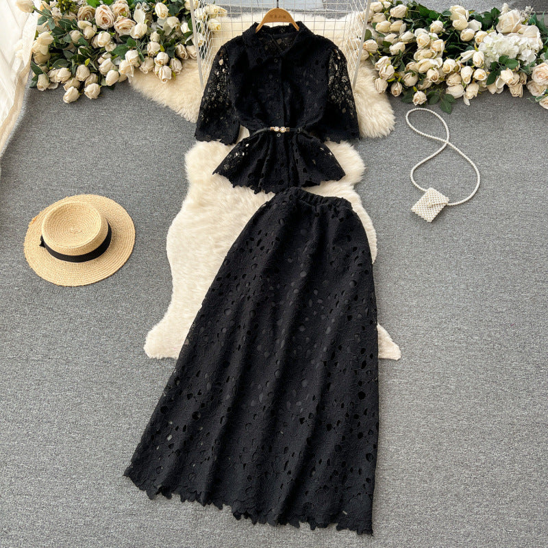 Women’s Ruffled Shirt & Pleated Midi Skirt Set