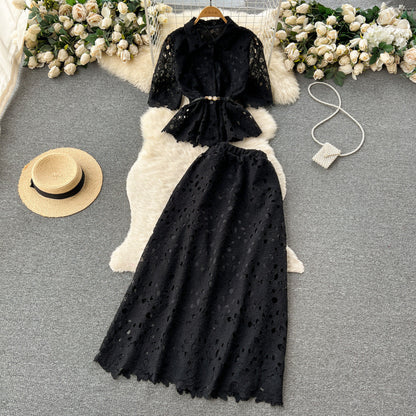 Women’s Ruffled Shirt & Pleated Midi Skirt Set