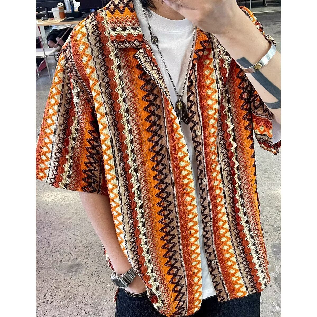 Unisex Bohemian Color-Block Cuban Collar Shirt
