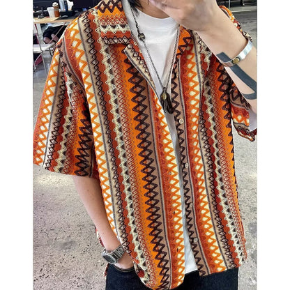 Unisex Bohemian Color-Block Cuban Collar Shirt