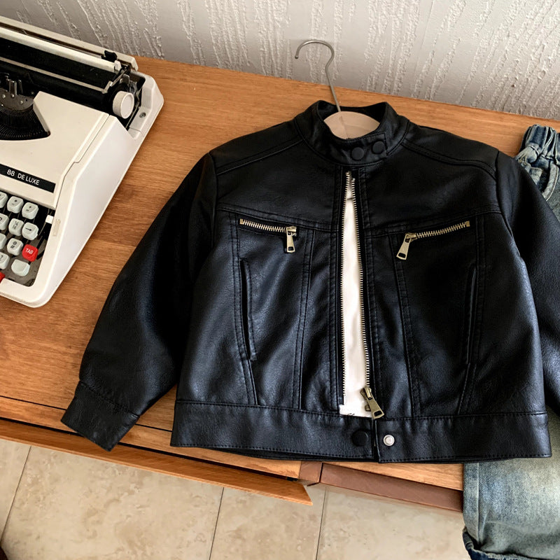 Kids’ Vintage Stand Collar Leather-Look Jacket