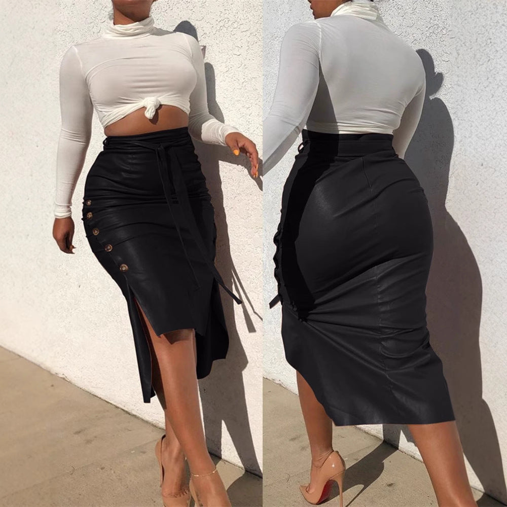 Women’s PU Leather Slit Midi Pencil Skirt