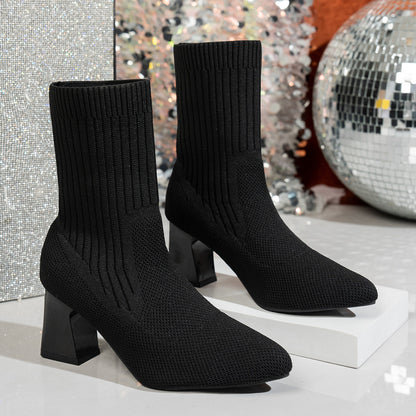 Women’s Pointed-Toe Stretch Knit Block Heel Boots