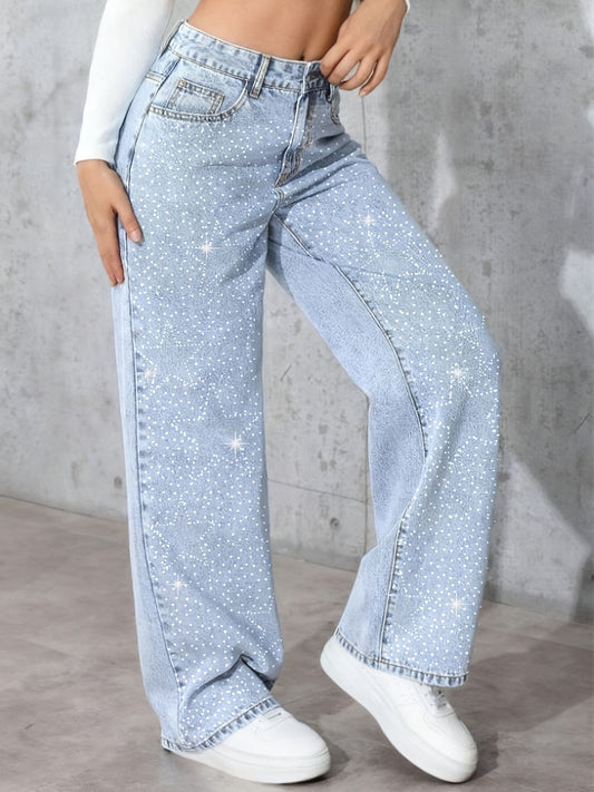 Women’s Rhinestone Washed Wide-Leg Jeans