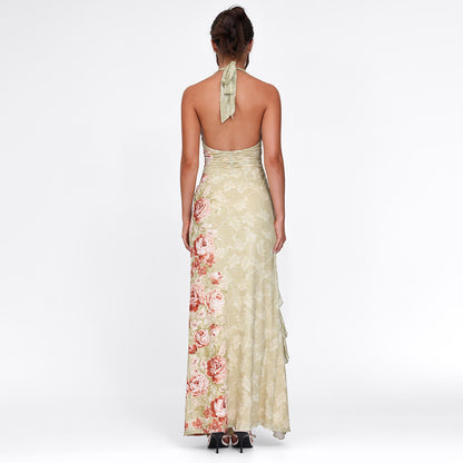 Women’s Halter Neck Printed Backless High Slit Maxi Dress