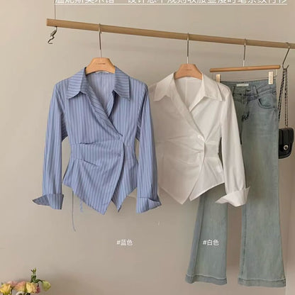 Women’s Korean Style Striped Waist-Cinching Shirt