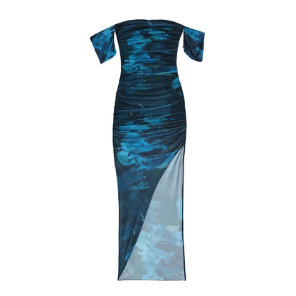 Women’s Off-Shoulder Tie-Dye Mesh Slit Pencil Dress