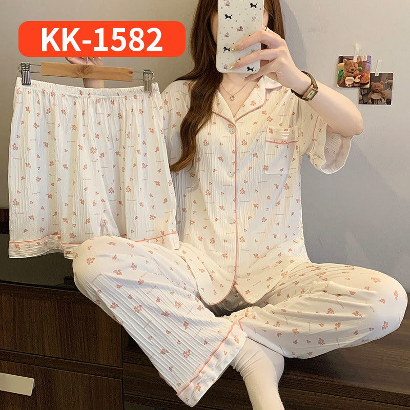 Women’s Korean Style Striped Bow 3-Piece Pajama Set
