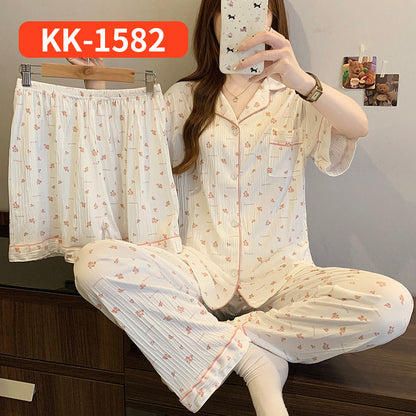 Women’s Korean Style Striped Bow 3-Piece Pajama Set