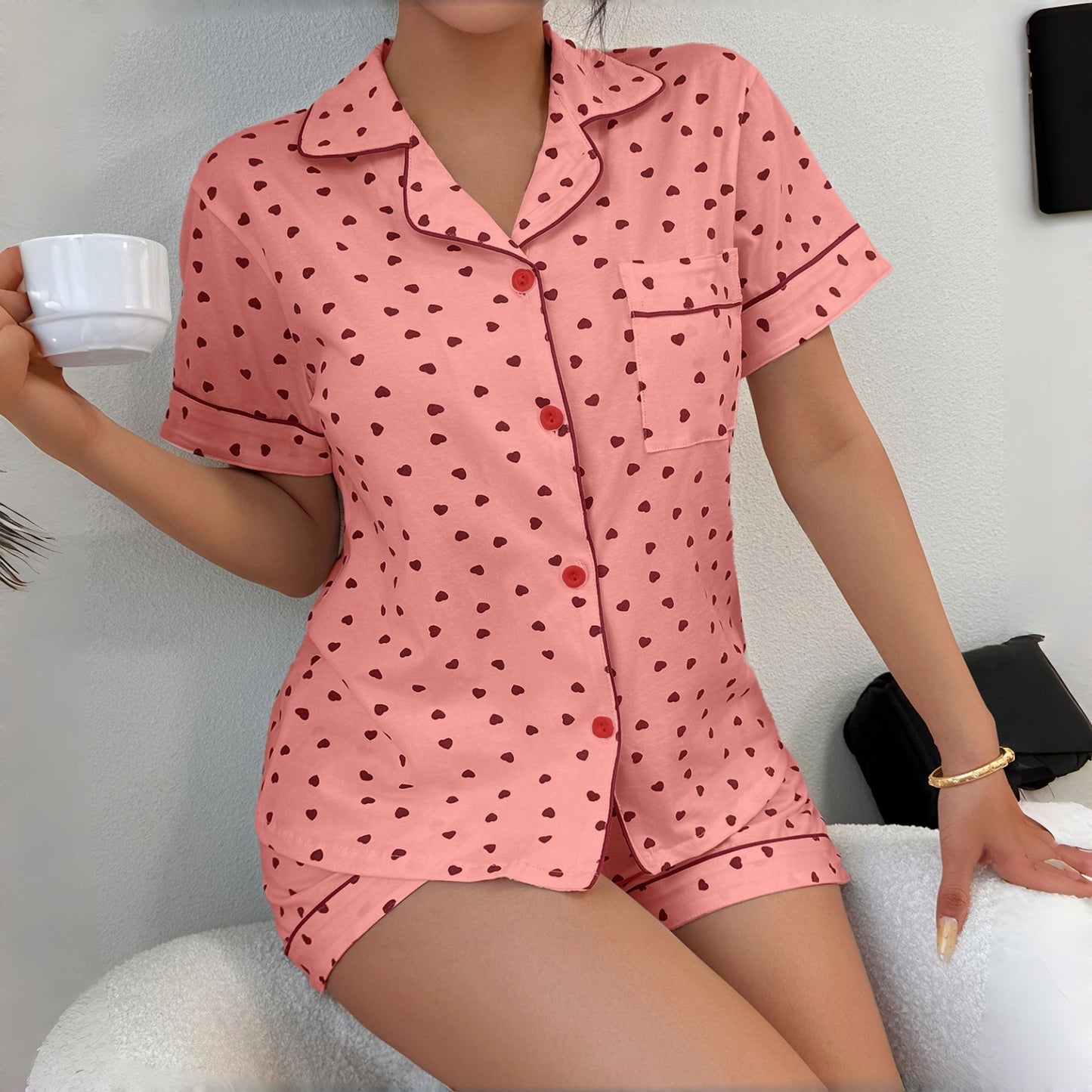 Women’s Cotton Heart Print Pajama Set with Cardigan